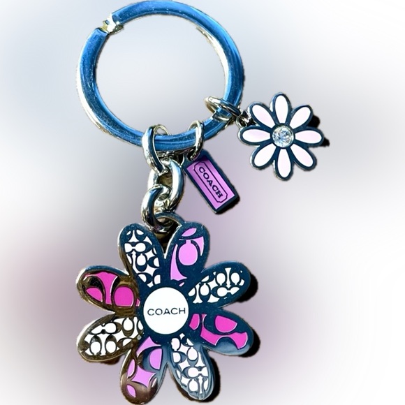 Coach Accessories - COACH Vintage Double Daisy Delight Pink Silver Signature Charm Keychain like new